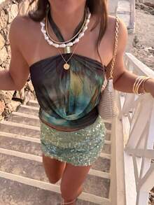 Firerie Áo kiểu nữ gợi cảm nhuộm màu tie-dye, cổ yếm, hở lưng, thích hợp cho mùa đông, mùa thu, dự tiệc, đi biển, kiểu áo dễ thương. - màu xanh lá - Xem 5