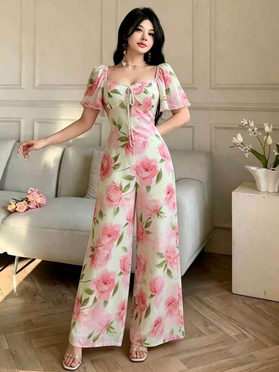 Celisse Bộ jumpsuit cổ vuông in họa tiết hoa hồng Pháp, tay áo ngắn bằng vải chiffon, quần ống rộng cạp chun, kiểu dáng nhẹ nhàng, tôn dáng cho kỳ nghỉ hè ở bãi biển. - Hồng - Xem 1