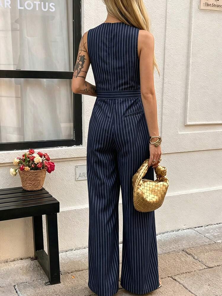 Women's Striped Navy V-Neck Loose Denim Bib Pants And Jumpsuit Summer