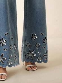Anewsta Jeans azules con detalles elegantes de bordado y corte calado, con bolsillos, para mujer - Azul - Ver 2
