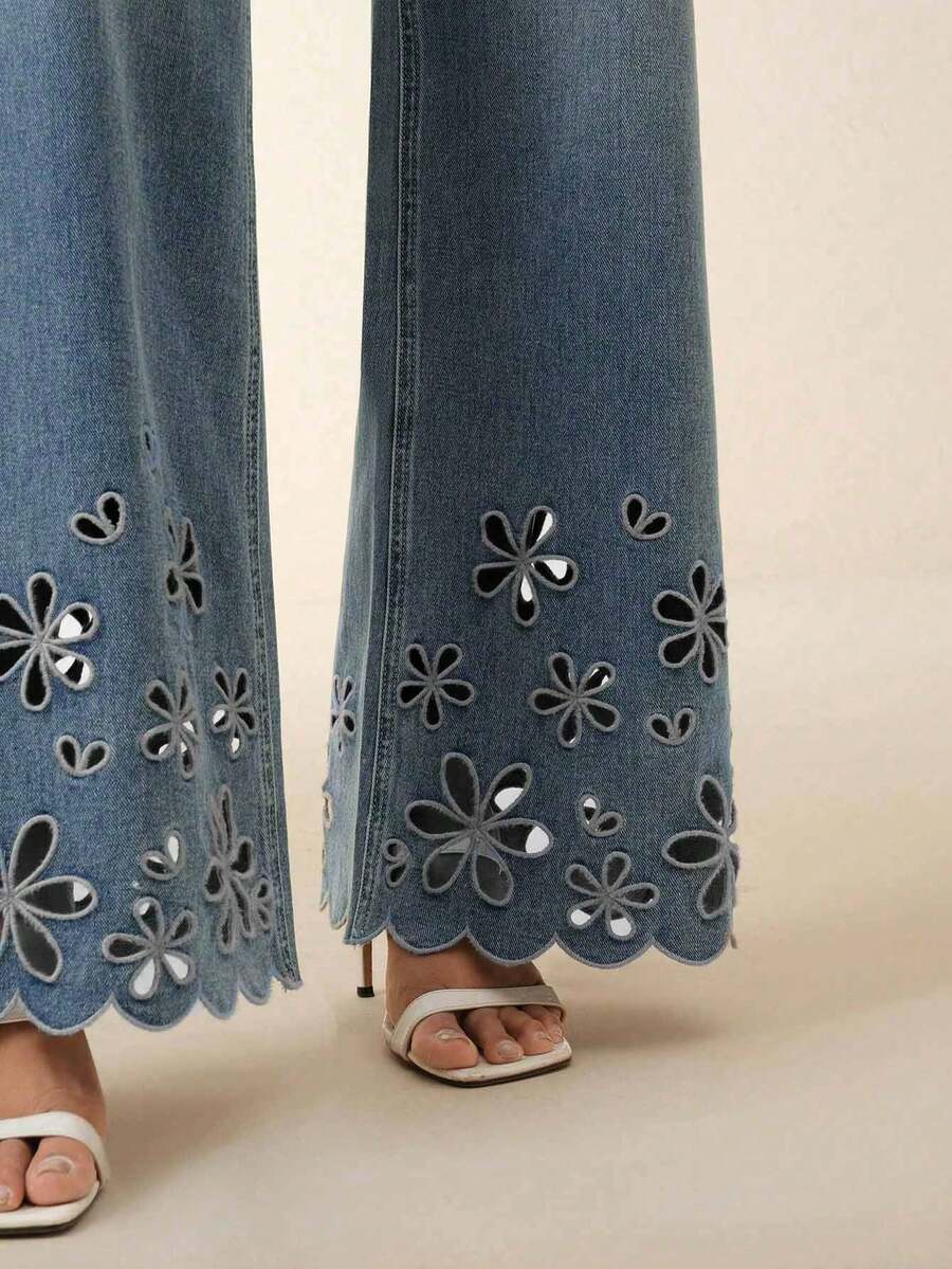Anewsta Jeans azules con detalles elegantes de bordado y corte calado, con bolsillos, para mujer