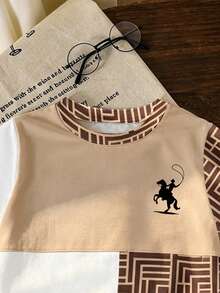 SHEIN 2pcs/Set Boys' Fashion Round Neck Short Sleeve T-Shirt And Pants Set, Linear And Stylish Horse Riding Pattern Design, Suitable For Holiday Parties, Comfortable For Spring, Summer And Autumn - Multicolor - View 7