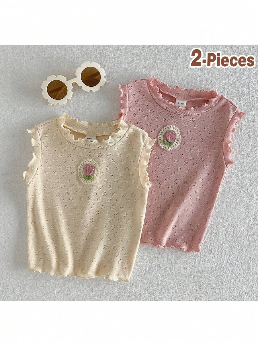 Loomiva 2pcs Baby Girl Cartoon Strawberry Knitted Soft Crew Neck Sleeveless Top Set - Multicolor - View 1