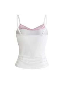 ROMWE Kawaii Women's Cute Girl Funny Print Rhinestone Decor Lace Patchwork Sleeveless Top - White - View 2