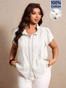 Elaquor Plus Size Casual Solid Color Hollow Out Embroidered Shirt - White - View 4
