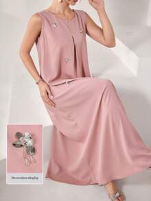 Al Najma Đầm xòe không tay cổ tròn họa tiết hoa 3D thanh lịch, thích hợp cho mùa xuân/hè. - Bụi hồng - Xem 9
