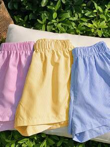 SHEIN Teen Girl Striped Elastic Waist Casual Versatile Daily Wear Shorts - Multicolor - View 2