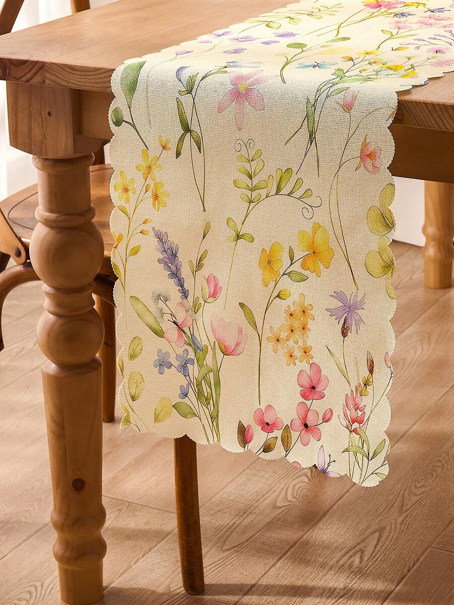 1 pieza Camino de mesa con estampado de olas florales acuarela, adecuado para primavera/verano, Pascua, decoración de mesa de cocina y comedor del hogar - Multicolor - Ver 1