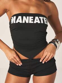 MISSGUIDED Top bandeau noir sans bretelles avec imprimé slogan blanc et détail de lien dans le dos pour les nuits d'été de festival et de club - Noir - Voir 2