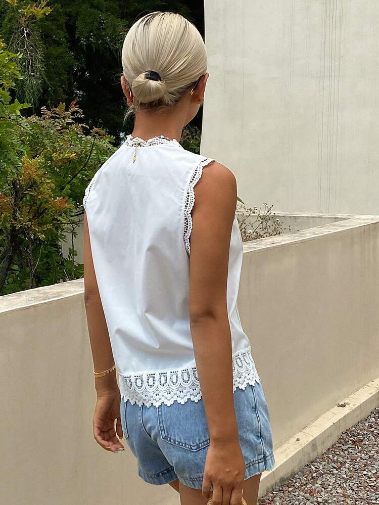Women's Contrast Lace Round Neck Sleeveless Casual Summer Thin Jacket Vest