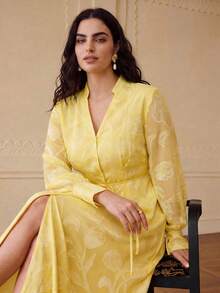 ZEYLAH Plus Size Women V-Neck Twist Waist Casual Party Dress Fall - Yellow - View 3