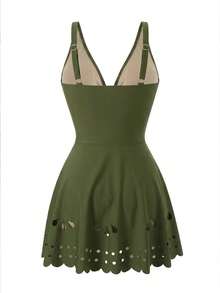 Swim Lushoire Mature Solid Color Cutout Ruffle One-Piece Swimsuit - Army Green - View 4