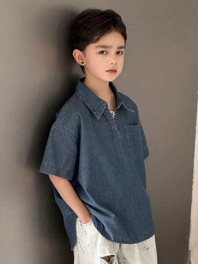 DAZY Tween Boy Boys' Denim Collared Short Sleeve Top Summer