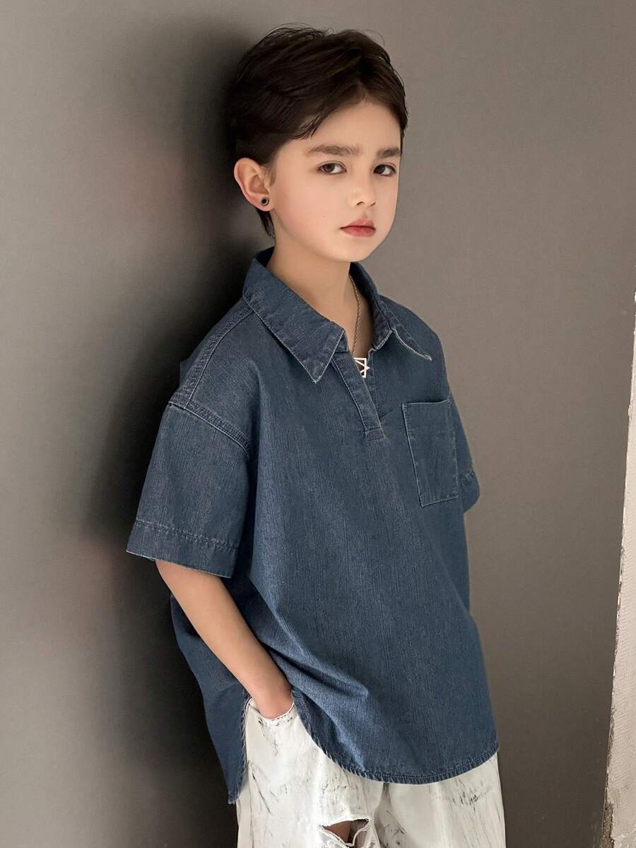 DAZY Tween Boy Boys' Denim Collared Short Sleeve Top Summer - Dark Wash - View 1