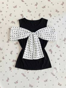 Elamini Camiseta de manga corta ajustada con tirantes de lazo a lunares, estilo dulce de verano - Negro - Ver 3