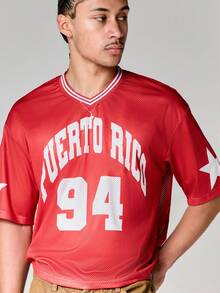 SUMWON Puerto Rico 94 Graphic Cropped Mesh Jersey V-Neck Short Sleeve Boxy Fit T-Shirt With Star Sleeve Print - Red - View 5