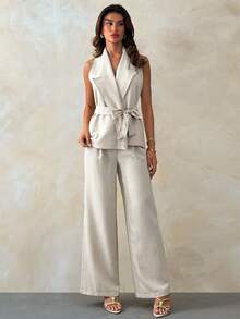 SHEIN Women Linen Detailed Regular Fit Vest And Pant Sets - Beige - View 4