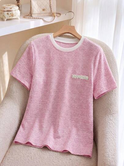 CosyJoli Plus-Size Women's Casual Short-Sleeved T-Shirt, Elegant Pink Work T-Shirt, Suitable For Everyday Wear And Office Wear, Spring And Summer Short-Sleeved Top, Textured Jacquard Short-Sleeved Outdoor Wear, Cute Summer Outfit, Round Neck T-Shirt