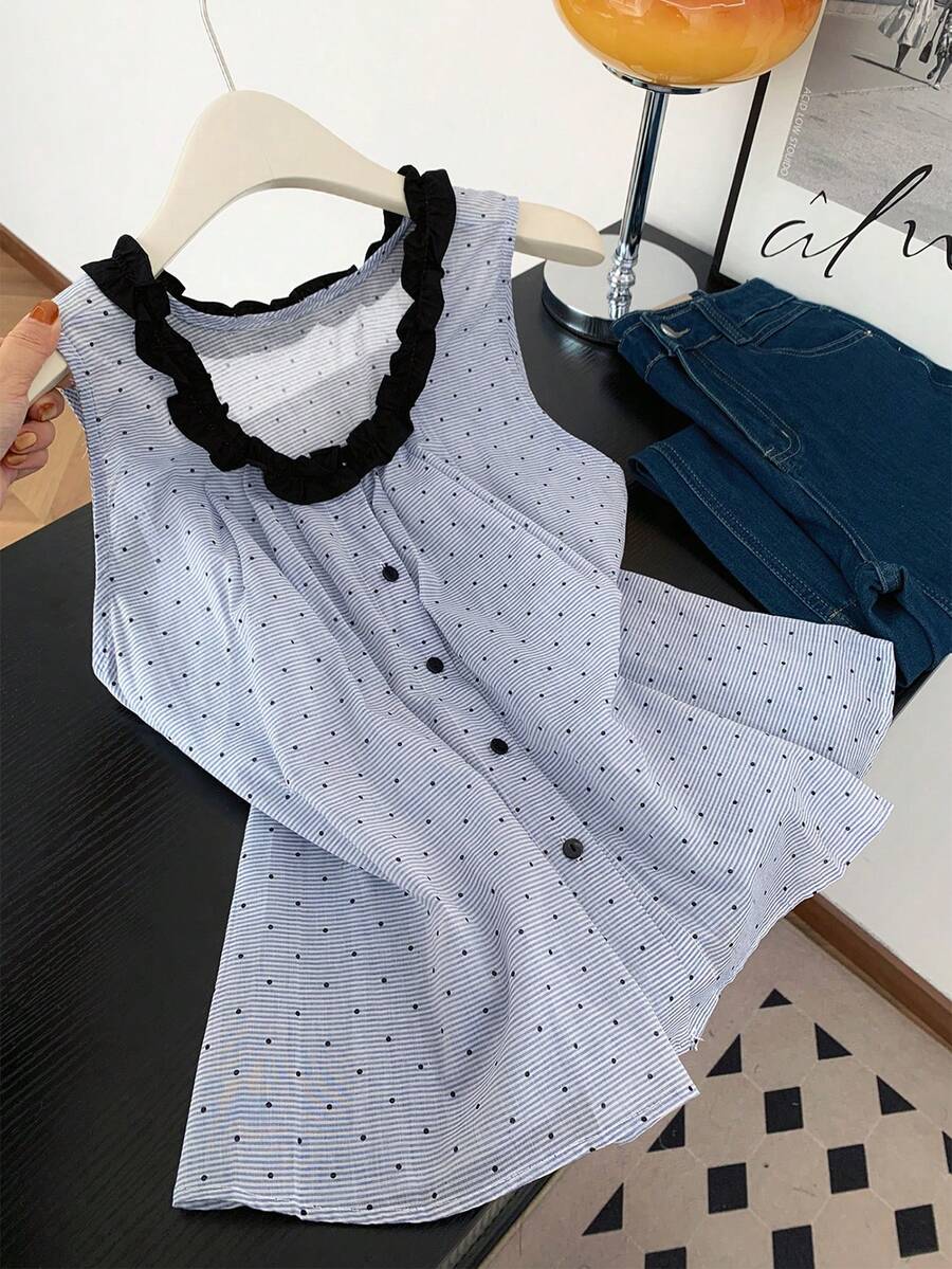 GlowEve Blusa sin mangas con estampado de rayas y lunares para mujer - Multicolor - Ver 1
