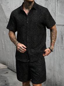 SLATEMANN 男士单排扣短袖衬衫和短裤休闲套装 - 黑色 - 查看 7