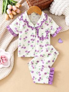 Baby Girls' Purple Simple Long Pants And Short Sleeve Loose Casual 2pcs Homewear Set - Purple - View 3