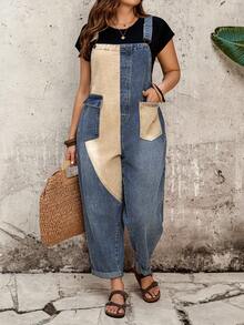 EMERY ROSE EMERY ROSE Mono peto informal con bolsillo y contraste de color para tallas grandes - Azul - Ver 8