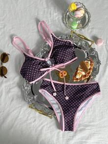 Swim Mod Bộ đồ bơi nữ mùa hè đi biển họa tiết chấm bi, áo bikini cổ yếm buộc dây gợi cảm và quần tam giác - Nhiều màu - Xem 2