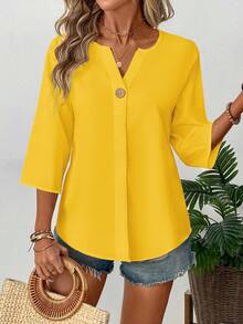 Balvessa Blusa de mujer de unicolor simple con cuello entallado para ir al trabajo - Amarillo - Ver 6