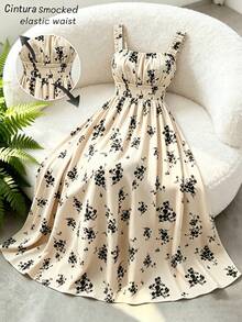 SHEIN Raffinéa Đầm maxi dáng chữ A không tay màu đen in hoa, thanh lịch, kiểu dáng thường ngày dành cho nữ, thích hợp cho kỳ nghỉ hè, có xếp ly ở ngực và dây rút ở eo. - Màu be - Xem 4