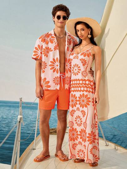 Manfinity VDAYZ Men's Floral Print Short Sleeve Top And Shorts Casual Holiday Beach Outfit Suitable For Vacation, Beach, Pool, Outdoor Activities, Daily Wear Suit Set His And Hers Swimwear Beach Outfit For Men And Women Couple Swim Vcay Summer Outfits For Women Vacation National Flag Beach Outfit For Men National Flag Couple Matching Swimwear Matching Swimwear For Couples Couple Beach Holiday / Vacation / Beach / Hawaii / Tropical / Swim / Bathing