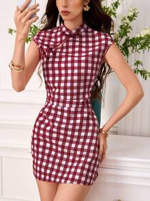 EastFlair Đầm ngắn nữ thanh lịch kẻ caro thắt eo, thích hợp cho mùa hè. - Đỏ và trắng - Xem 7
