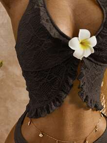 Bellisia Bộ đồ đi biển mùa xuân/hè 26SS dành cho nữ, bộ bikini hai mảnh kiểu áo hai dây, chất liệu vải họa tiết hoa rỗng thanh lịch, ngọt ngào, dễ thương, họa tiết hoa cúc 3D phong cách BOHO, mút ngực có thể tháo rời, dây buộc nơ, viền bèo nhún, bộ bikini hai dây kiểu áo hai dây - màu nâu - Xem 5