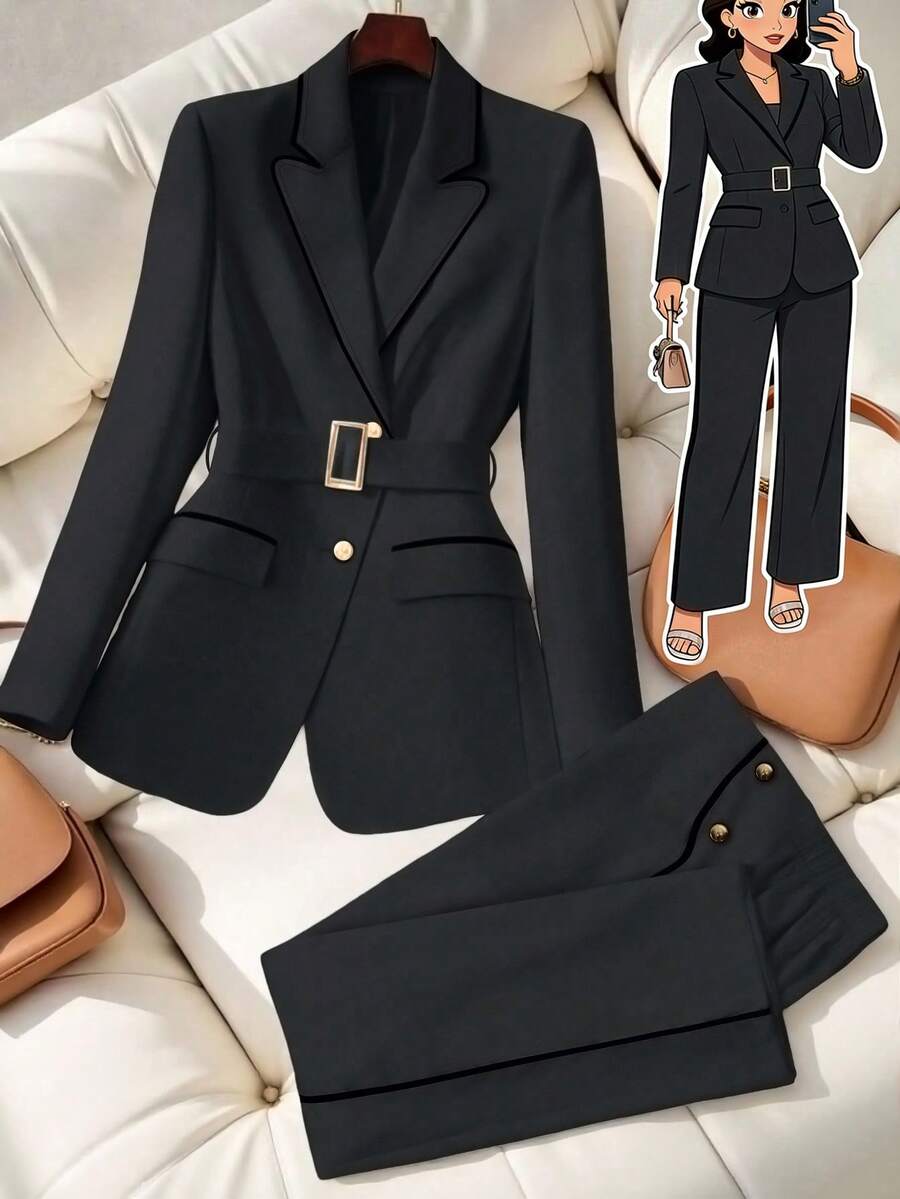 GlowEve CURVE Conjunto de blazer elegante con parches y pantalón de pierna recta, adecuado para uso diario, tallas grandes para mujer - Gris Oscuro - Ver 1