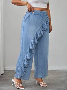 Elenzga Celana Jeans Denim Washed Kasual Wanita Ukuran Plus dengan Hem Bergelombang, Serbaguna untuk Pakaian Sehari-hari, Formal, Liburan, Biru Muda, Musim Panas - Light Wash - View 4
