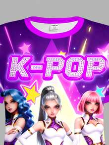 Young Girl K-Pop Superstars Cartoon Girl Group Print Short Sleeve Mid-Length Dress, Suitable For Summer Back To School - White - View 4