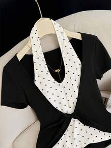 GlowEve Classic Black & White Contrast French Vacation Chic White Polka Dot Twist Front Short Sleeve Knit Top, Elegant Versatile Casual Blouse For Women - Black and White - View 5
