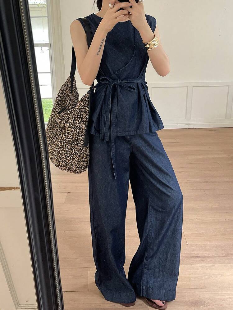 Women's Casual Denim Vest And Pants Set, Summer