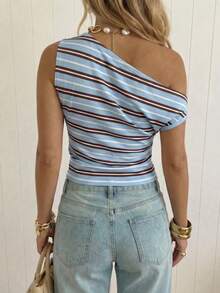 SHEIN EZwear Women's Asymmetric Ruched Cropped Top - Blue - View 2
