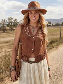 Wildy Damen weiße Blumen Sommer Boho Urlaub Western Country Musik Festival bestickte Quasten ärmellose Weste Hemd, lässige braune Basics, Konzert - Kaffeebraun - Übersicht 4