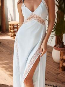 Lullawish Áo ngủ dài kiểu Bohemian quyến rũ, gợi cảm với họa tiết ren, xẻ tà, cổ chữ V sâu, hở lưng, buộc dây dành cho nữ. - Màu xanh nhạt - Xem 4