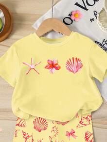 SHEIN 2pcs/Set Baby Girls' Pink And Yellow Summer Cute Vacation Holiday Outfit,Short Sleeve Sea Creature Shell Bow Print T-Shirt & Bike Shorts,Korean Style - Multicolor - View 3