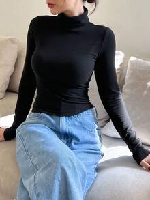 DAZY Solid High Neck Tee Long Sleeve Women Tops - Black - View 6