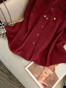 GlowEve CURVE Plus Size Women Elegant Eleganza Solid Color Round Neck Contrast Color Single-Breasted Drawstring Tank Top Sleeveless Formal Office Burgundy Summer - Burgundy - View 7