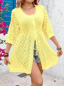SHEIN Clasi Cárdigan casual de talla grande con botones delanteros y lazo, para vacaciones - Amarillo claro - Ver 5