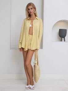 SHEIN Unity Bộ 2 món áo sơ mi dài tay rộng rãi, màu trơn, vải lanh nhẹ, thoải mái mặc hàng ngày cho kỳ nghỉ xuân/hè của phụ nữ kèm quần short cạp thấp - Màu vàng - Xem 4