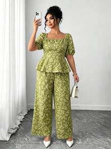Elenzga Conjunto informal de mujer talla grande con blusa de cuello plisado con estampado floral y pantalones de pierna ancha - Verde militar - Ver 4