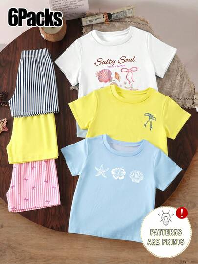 6枚セット 女の子カジュアル シェル、リボン、フラワーグラフィック ラウンドネック 半袖Tシャツ + ショーツ、デイリーウェア、バケーション、快適でリラックス、フローラルパターンアウトフィット、秋に最適、女の子のカジュアルレジャーウェアに適しています