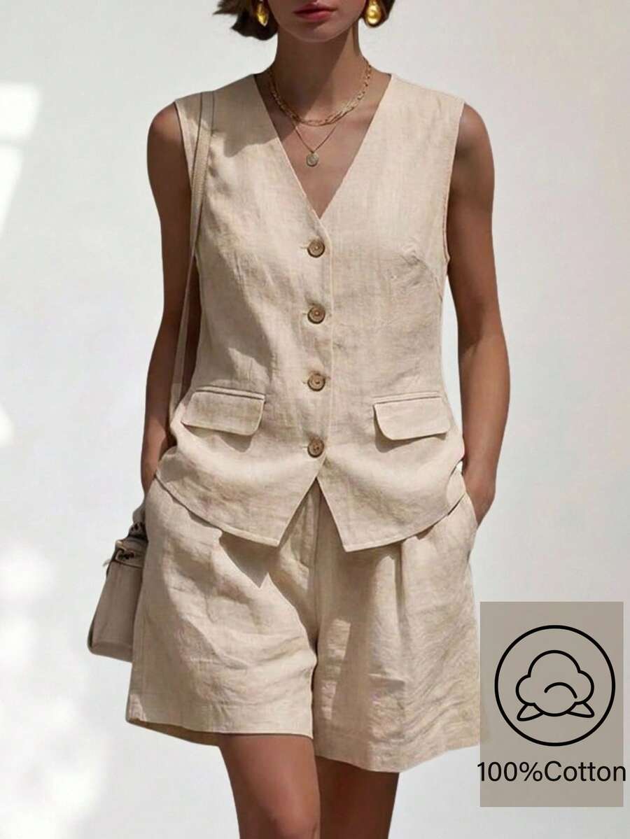 Uhlyne Uhlyne 白色棉麻V领无袖背心+阔腿短裤休闲通勤两件套夏季女装 - 米色 - 查看 1
