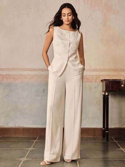 Anewsta Pantaloni eleganți, largi, din amestec de in, pentru femei, primăvară/vară