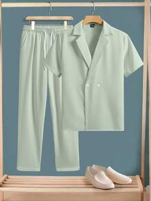 Manfinity CasualCool Bộ quần áo nam thường ngày, màu trơn, cổ bẻ, tay ngắn, gồm áo sơ mi và quần, thích hợp cho mùa hè. - màu xanh lá - Xem 6
